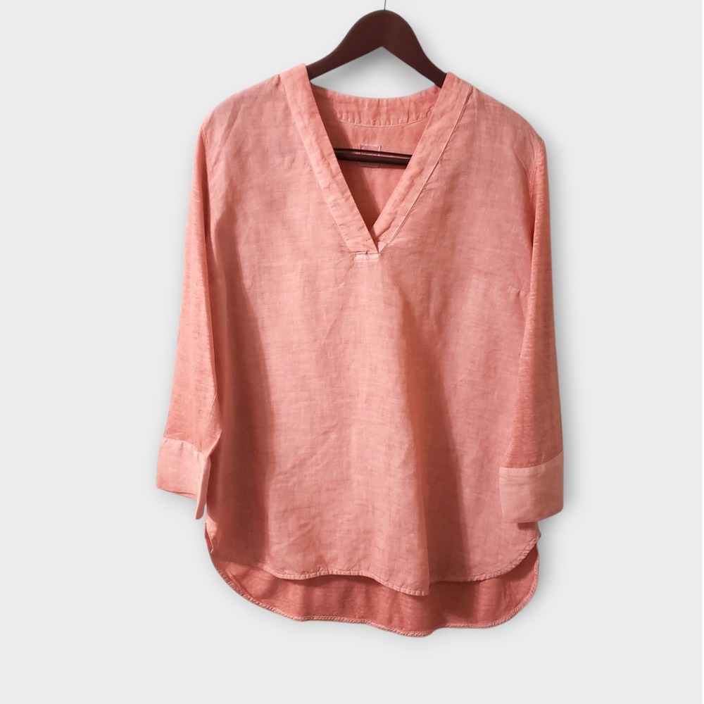 120% Lino‎ Womens Coral Pink Contrast V-Neck Linen Tunic Top Blouse Size Large